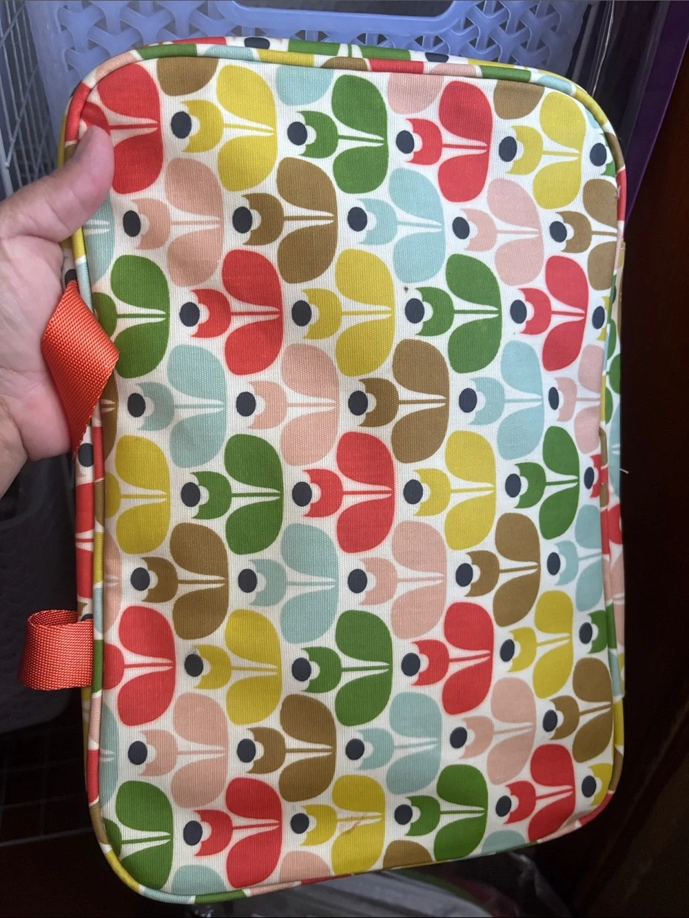 Orla Kiely Multicolor Floral Pattern Cosmetic Bag with Orange Handles